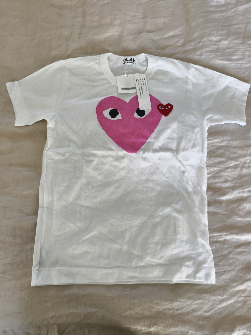 Comme des Garcons PLAY White Tee with Pink and Red Heart Graphics